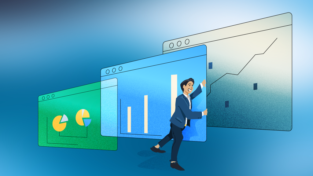 3D vector illustration of a gentleman in a suite looking behind screens showcasing graphs and charts