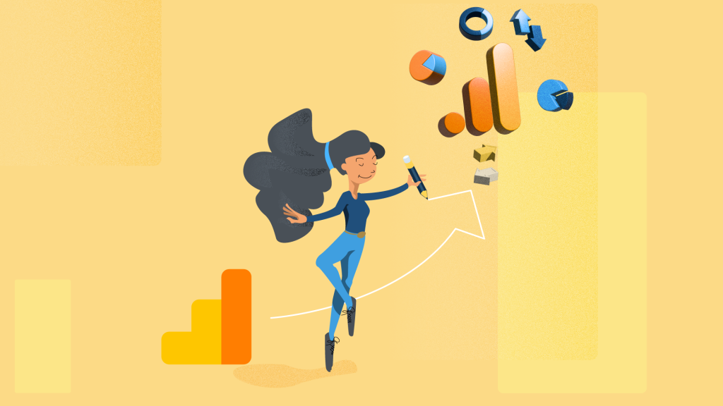 2D Illustration of a woman illustrating the shift from Google Analytics 3 to Google Analytics 4