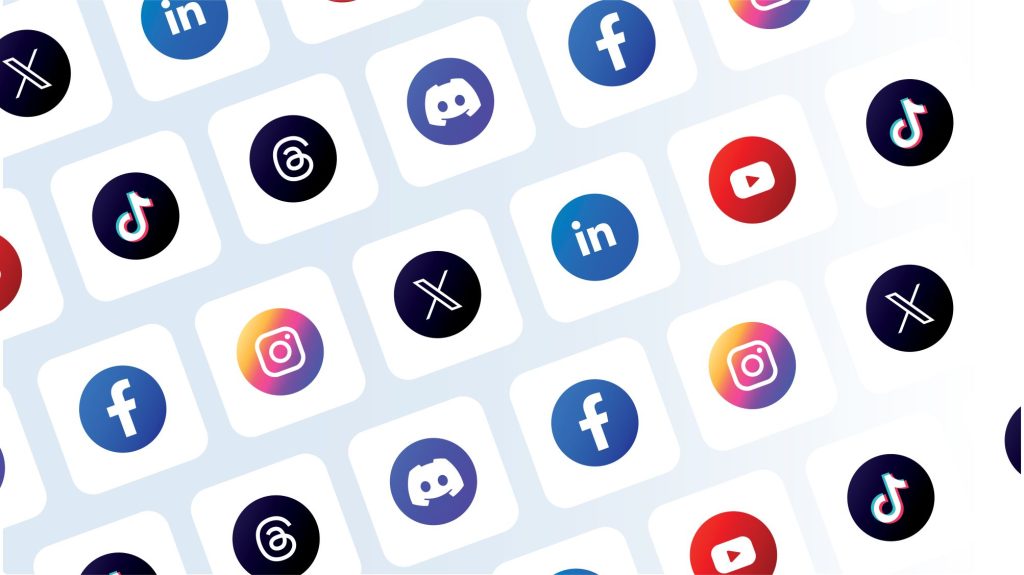 Social Media Advertising Platforms - Logos of Social Media Channels in a Grid View including Facebook, Instagram, Twitter or X, Mastodon, LinkedIn and YouTube