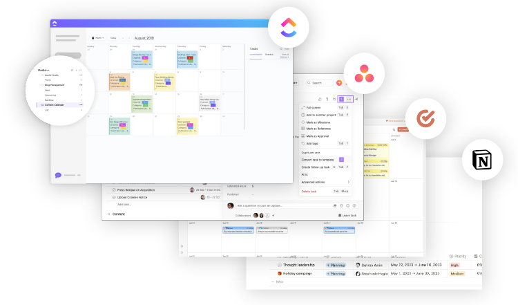 Browser Windows of Clickup, Asana, CoSchedule and Notion, Project Management and Content Calendar Tools