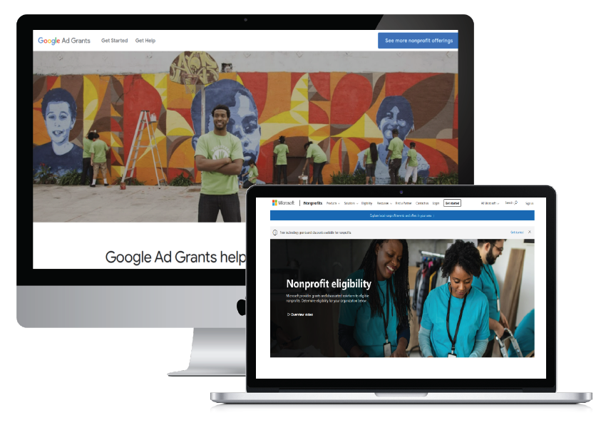 Goolge Ad Grants and Microsoft Ads for Social Impact Webpages Opened on a Desktop and a Laptop