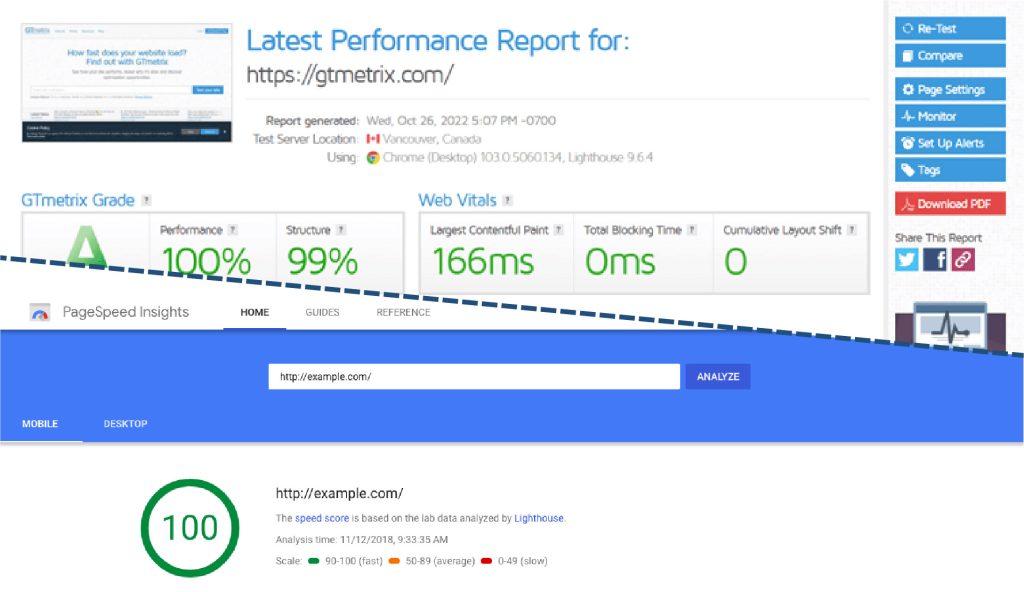 GTMetrix and PageSpeed Insights Website Load Speed Tester Tools Screenshots