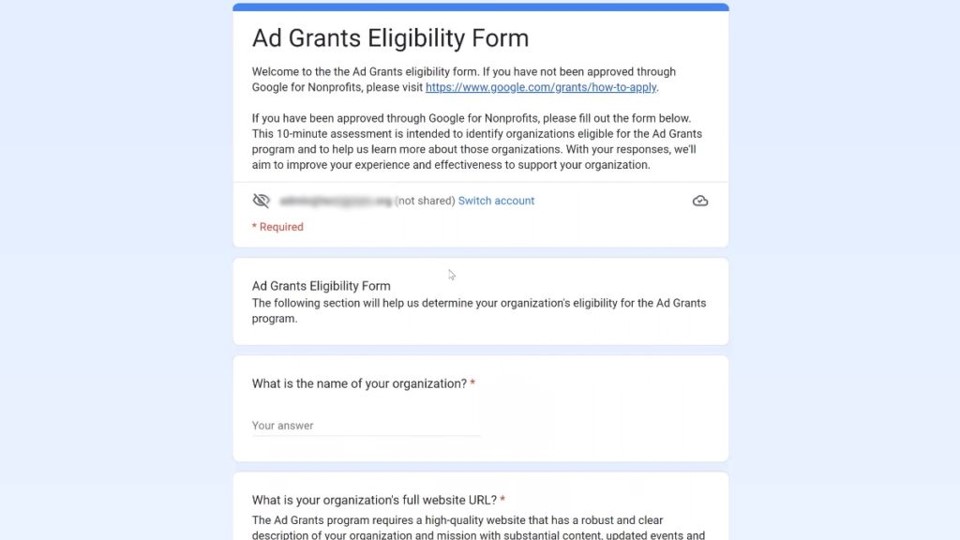 Google Ad Grants Eligibility Form