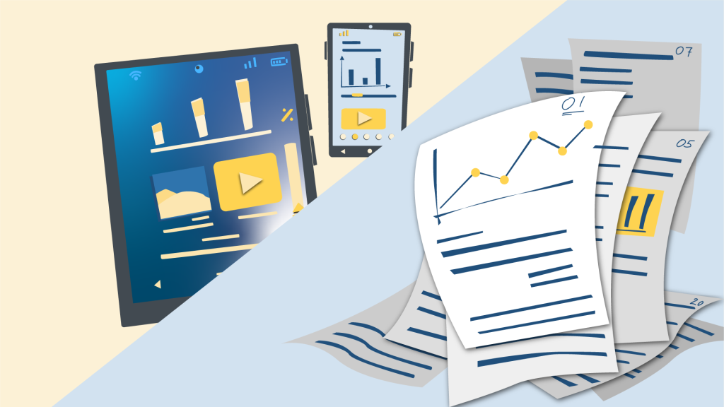 Comparison of traditional long form annual reports vs digital ones on a tablet and mobile screen on a hand drawn illustration