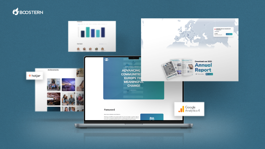 Boostern EMSP Annual Report Microsite 2022 GA4 Hotjar Screens Mockup