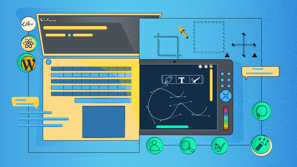 Vector illustration showcasing development on a laptop in one half of the screen and web design in the other within a tablet