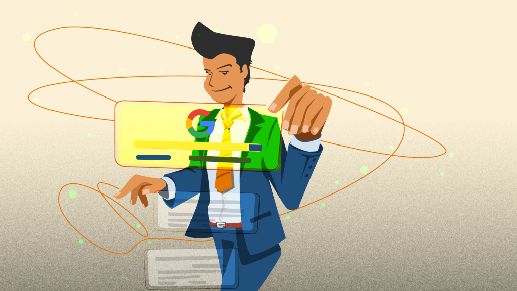 Gentleman in a suit holding the top search result in a Google Search Engine Result Page (SERP)